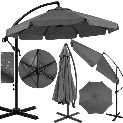 Kolaż zdjęć dużego parasola ogrodowego Solano (350 cm) w kolorze ciemnoszarym: w całości rozłożony z falbaną, złożony, w