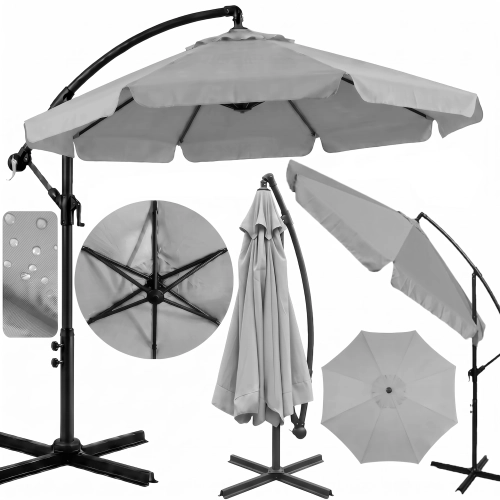 Kolaż zdjęć dużego parasola ogrodowego Solano (350 cm) w kolorze jasnoszarym: w całości rozłożony z falbaną, złożony, wi