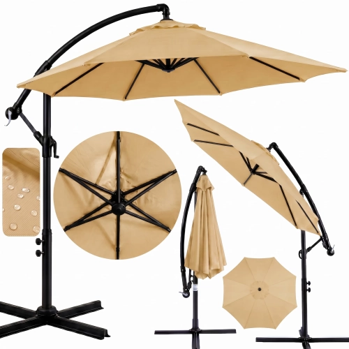 Kolaż pokazujący parasol Sombra khaki (beżowy) w różnych pozycjach: całkowicie rozłożony, pochylony, złożony na podstawi