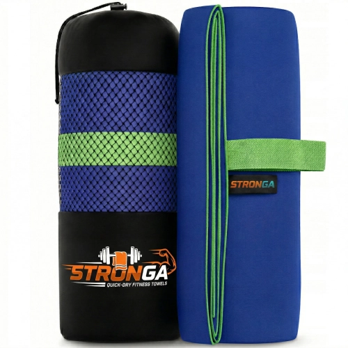 Rozłożony płasko granatowy ręcznik szybkoschnący z zieloną lamówką i wyraźnie zaznaczonymi wymiarami 150 cm wysokości i