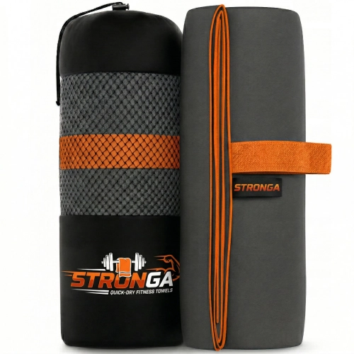 Rozłożony płasko grafitowy ręcznik szybkoschnący z pomarańczową lamówką i wyraźnie zaznaczonymi wymiarami 150 cm wysokoś