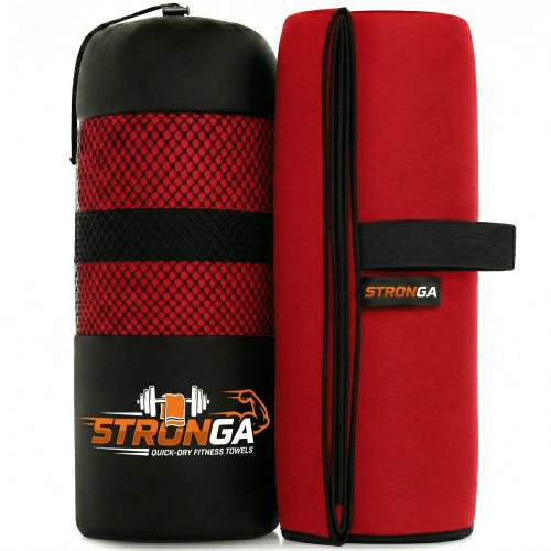 Rozłożony płasko czerwony ręcznik szybkoschnący z czarną lamówką i wyraźnie zaznaczonymi wymiarami 150 cm wysokości i 80