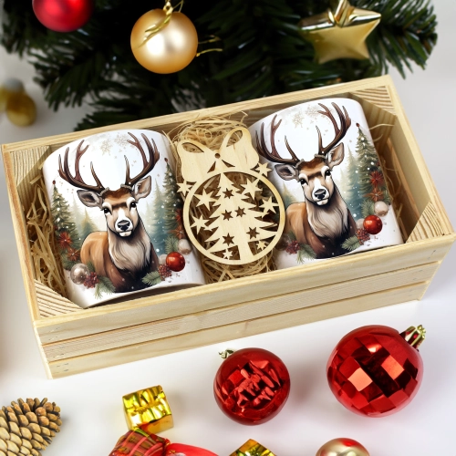 PREZENT ŚWIĄTECZNY ZESTAW KUBKÓW W SKRZYNCE KUBKI MIKOŁAJ RENIFER ŚWIĘTA