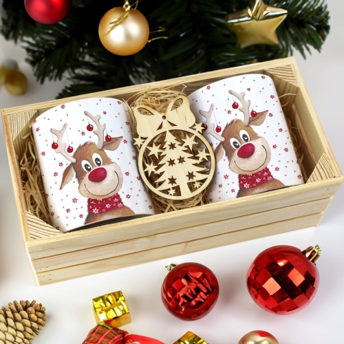 PREZENT ŚWIĄTECZNY ZESTAW KUBKÓW W SKRZYNCE KUBKI MIKOŁAJ RENIFER ŚWIĘTA