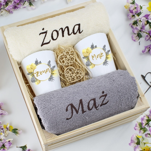 PREZENT ŚLUBNY ZESTAW RĘCZNIKI + KUBKI ŻONA i MĄŻ
