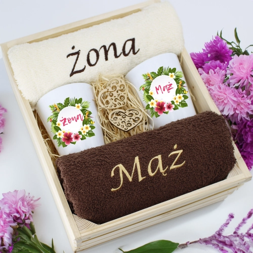 PREZENT ŚLUBNY ZESTAW RĘCZNIKI + KUBKI ŻONA i MĄŻ