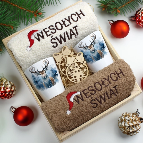 ZESTAW PREZENT ŚWIĄTECZNY KUBKI LATTE RĘCZNIKI W SKRZYNCE ŚWIĘTA MIKOŁAJ