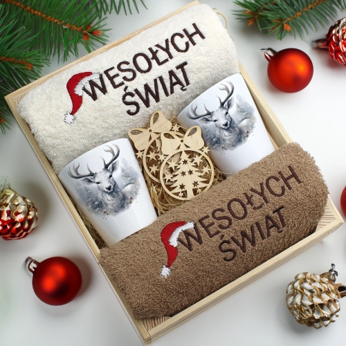 ZESTAW PREZENT ŚWIĄTECZNY KUBKI LATTE RĘCZNIKI W SKRZYNCE ŚWIĘTA MIKOŁAJ