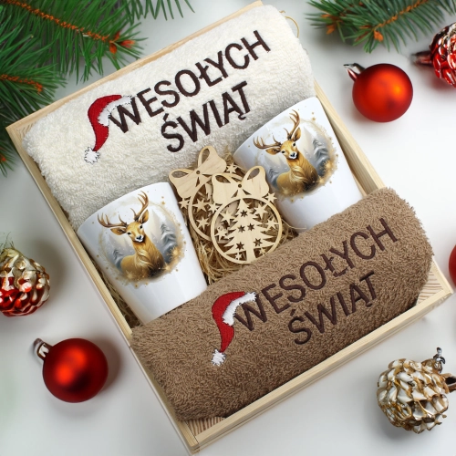 ZESTAW PREZENT ŚWIĄTECZNY KUBKI LATTE RĘCZNIKI W SKRZYNCE ŚWIĘTA MIKOŁAJ