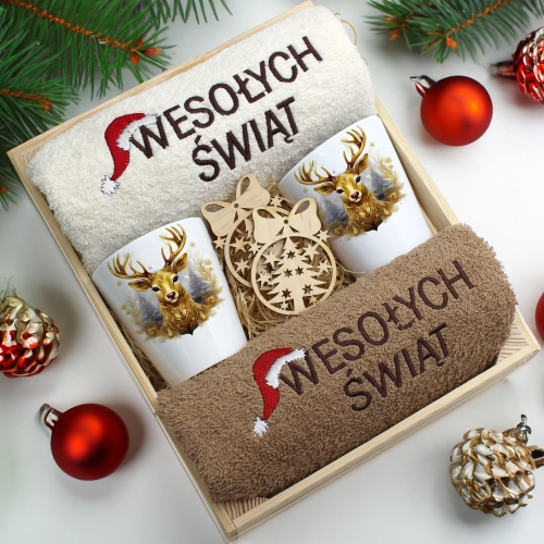 ZESTAW PREZENT ŚWIĄTECZNY KUBKI LATTE RĘCZNIKI W SKRZYNCE ŚWIĘTA MIKOŁAJ