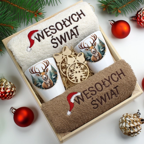 ZESTAW PREZENT ŚWIĄTECZNY KUBKI LATTE RĘCZNIKI W SKRZYNCE ŚWIĘTA MIKOŁAJ