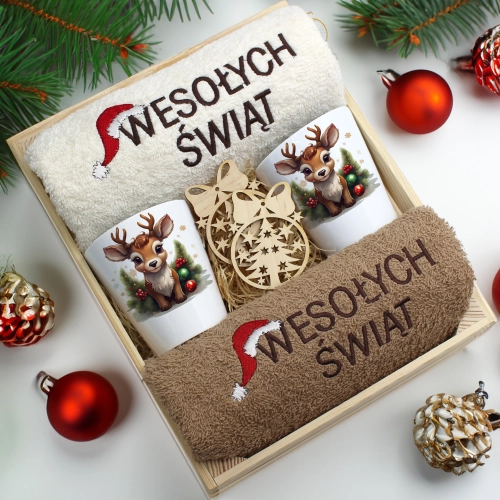 ZESTAW PREZENT ŚWIĄTECZNY KUBKI LATTE RĘCZNIKI W SKRZYNCE ŚWIĘTA MIKOŁAJ