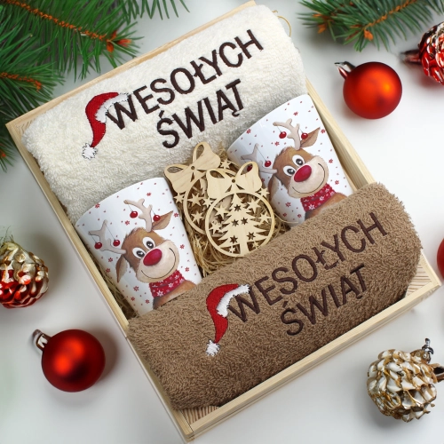 ZESTAW PREZENT ŚWIĄTECZNY KUBKI LATTE RĘCZNIKI W SKRZYNCE ŚWIĘTA MIKOŁAJ