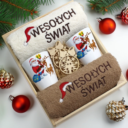 ZESTAW PREZENT ŚWIĄTECZNY KUBKI LATTE RĘCZNIKI W SKRZYNCE ŚWIĘTA MIKOŁAJ