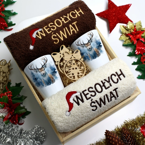 ZESTAW PREZENT ŚWIĄTECZNY KUBKI LATTE RĘCZNIKI W SKRZYNCE ŚWIĘTA MIKOŁAJ