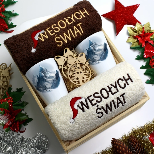 ZESTAW PREZENT ŚWIĄTECZNY KUBKI LATTE RĘCZNIKI W SKRZYNCE ŚWIĘTA MIKOŁAJ