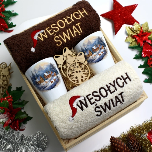 ZESTAW PREZENT ŚWIĄTECZNY KUBKI LATTE RĘCZNIKI W SKRZYNCE ŚWIĘTA MIKOŁAJ
