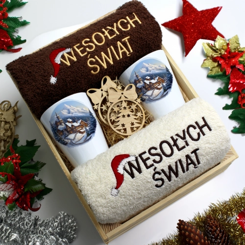ZESTAW PREZENT ŚWIĄTECZNY KUBKI LATTE RĘCZNIKI W SKRZYNCE ŚWIĘTA MIKOŁAJ