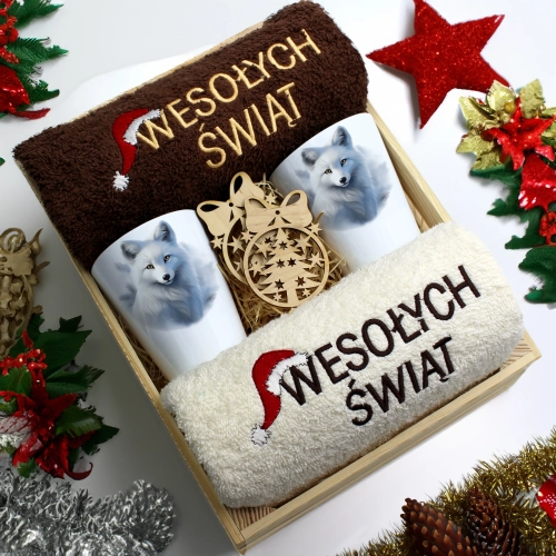 ZESTAW PREZENT ŚWIĄTECZNY KUBKI LATTE RĘCZNIKI W SKRZYNCE ŚWIĘTA MIKOŁAJ