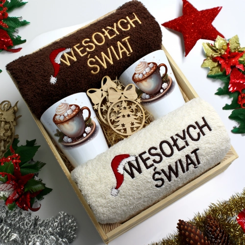 ZESTAW PREZENT ŚWIĄTECZNY KUBKI LATTE RĘCZNIKI W SKRZYNCE ŚWIĘTA MIKOŁAJ