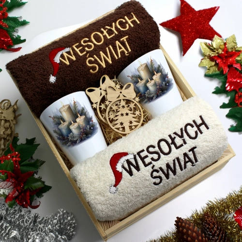 ZESTAW PREZENT ŚWIĄTECZNY KUBKI LATTE RĘCZNIKI W SKRZYNCE ŚWIĘTA MIKOŁAJ
