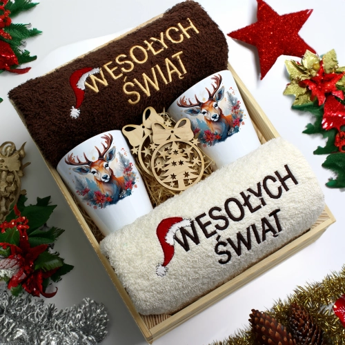 ZESTAW PREZENT ŚWIĄTECZNY KUBKI LATTE RĘCZNIKI W SKRZYNCE ŚWIĘTA MIKOŁAJ