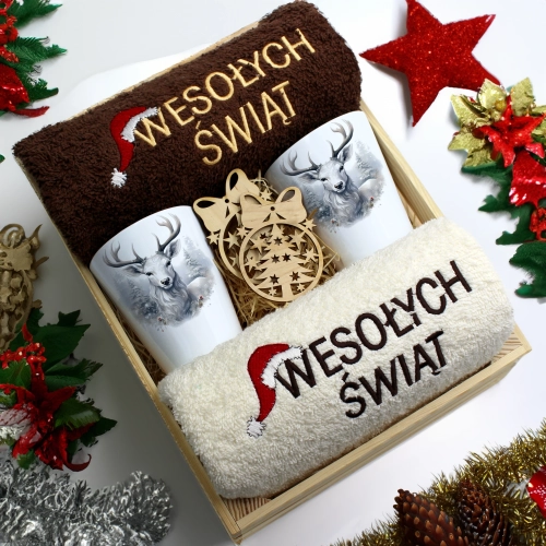 ZESTAW PREZENT ŚWIĄTECZNY KUBKI LATTE RĘCZNIKI W SKRZYNCE ŚWIĘTA MIKOŁAJ