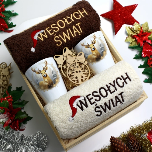 ZESTAW PREZENT ŚWIĄTECZNY KUBKI LATTE RĘCZNIKI W SKRZYNCE ŚWIĘTA MIKOŁAJ