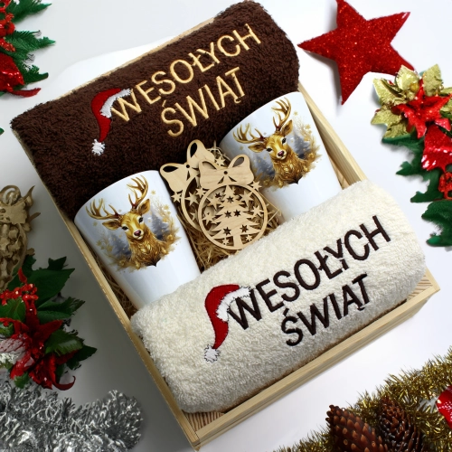 ZESTAW PREZENT ŚWIĄTECZNY KUBKI LATTE RĘCZNIKI W SKRZYNCE ŚWIĘTA MIKOŁAJ