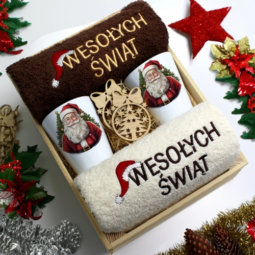 ZESTAW PREZENT ŚWIĄTECZNY KUBKI LATTE RĘCZNIKI W SKRZYNCE ŚWIĘTA MIKOŁAJ