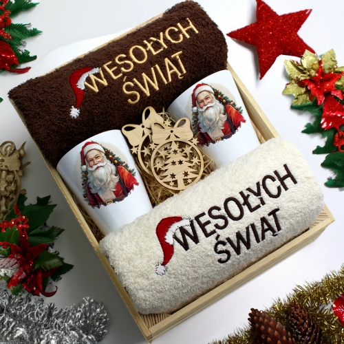 ZESTAW PREZENT ŚWIĄTECZNY KUBKI LATTE RĘCZNIKI W SKRZYNCE ŚWIĘTA MIKOŁAJ
