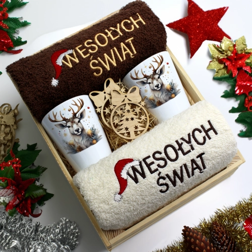 ZESTAW PREZENT ŚWIĄTECZNY KUBKI LATTE RĘCZNIKI W SKRZYNCE ŚWIĘTA MIKOŁAJ