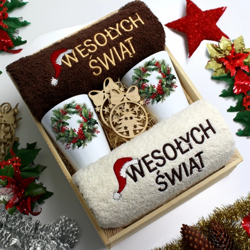 ZESTAW PREZENT ŚWIĄTECZNY KUBKI LATTE RĘCZNIKI W SKRZYNCE ŚWIĘTA MIKOŁAJ