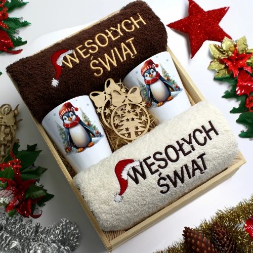 ZESTAW PREZENT ŚWIĄTECZNY KUBKI LATTE RĘCZNIKI W SKRZYNCE ŚWIĘTA MIKOŁAJ