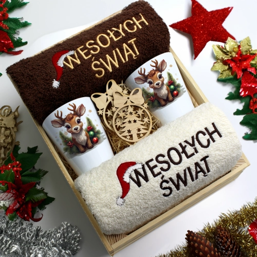 ZESTAW PREZENT ŚWIĄTECZNY KUBKI LATTE RĘCZNIKI W SKRZYNCE ŚWIĘTA MIKOŁAJ