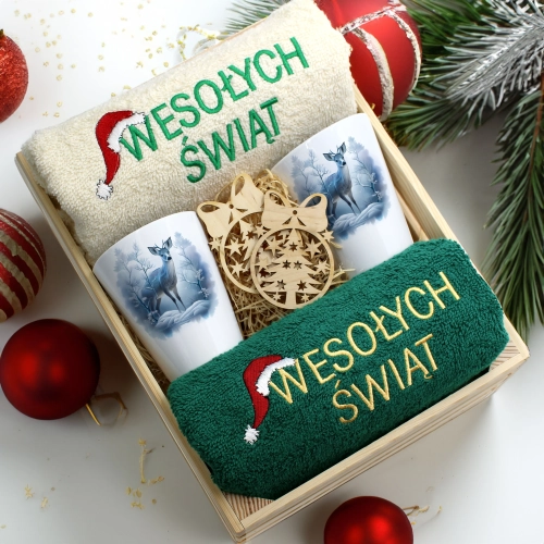 ZESTAW PREZENT ŚWIĄTECZNY KUBKI LATTE RĘCZNIKI W SKRZYNCE ŚWIĘTA MIKOŁAJ