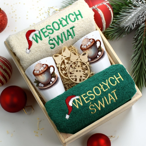 ZESTAW PREZENT ŚWIĄTECZNY KUBKI LATTE RĘCZNIKI W SKRZYNCE ŚWIĘTA MIKOŁAJ