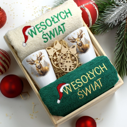 ZESTAW PREZENT ŚWIĄTECZNY KUBKI LATTE RĘCZNIKI W SKRZYNCE ŚWIĘTA MIKOŁAJ