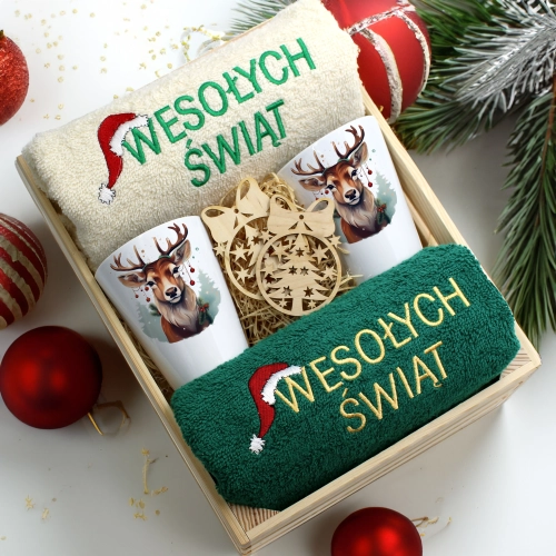 ZESTAW PREZENT ŚWIĄTECZNY KUBKI LATTE RĘCZNIKI W SKRZYNCE ŚWIĘTA MIKOŁAJ
