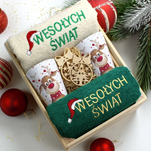 ZESTAW PREZENT ŚWIĄTECZNY KUBKI LATTE RĘCZNIKI W SKRZYNCE ŚWIĘTA MIKOŁAJ