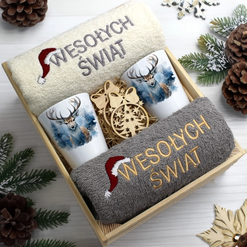 ZESTAW PREZENT ŚWIĄTECZNY KUBKI LATTE RĘCZNIKI W SKRZYNCE ŚWIĘTA MIKOŁAJ