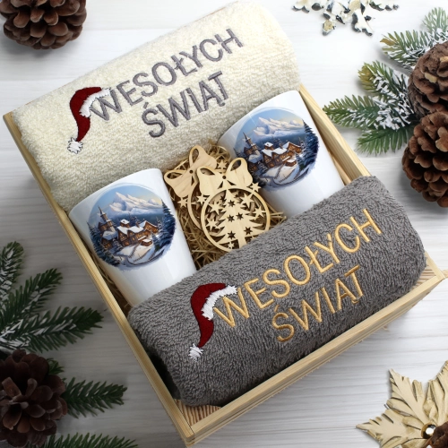 ZESTAW PREZENT ŚWIĄTECZNY KUBKI LATTE RĘCZNIKI W SKRZYNCE ŚWIĘTA MIKOŁAJ