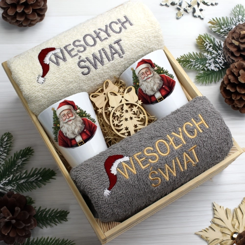 ZESTAW PREZENT ŚWIĄTECZNY KUBKI LATTE RĘCZNIKI W SKRZYNCE ŚWIĘTA MIKOŁAJ