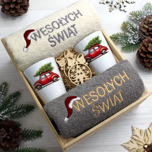 ZESTAW PREZENT ŚWIĄTECZNY KUBKI LATTE RĘCZNIKI W SKRZYNCE ŚWIĘTA MIKOŁAJ