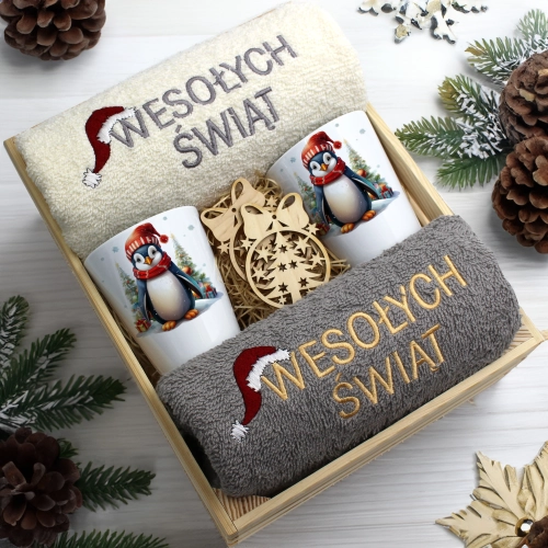 ZESTAW PREZENT ŚWIĄTECZNY KUBKI LATTE RĘCZNIKI W SKRZYNCE ŚWIĘTA MIKOŁAJ