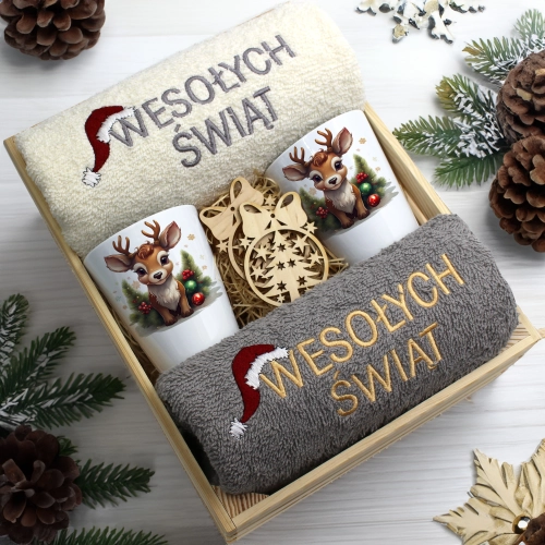 ZESTAW PREZENT ŚWIĄTECZNY KUBKI LATTE RĘCZNIKI W SKRZYNCE ŚWIĘTA MIKOŁAJ