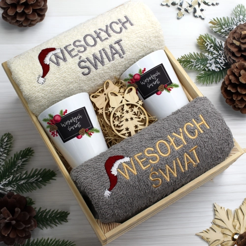ZESTAW PREZENT ŚWIĄTECZNY KUBKI LATTE RĘCZNIKI W SKRZYNCE ŚWIĘTA MIKOŁAJ