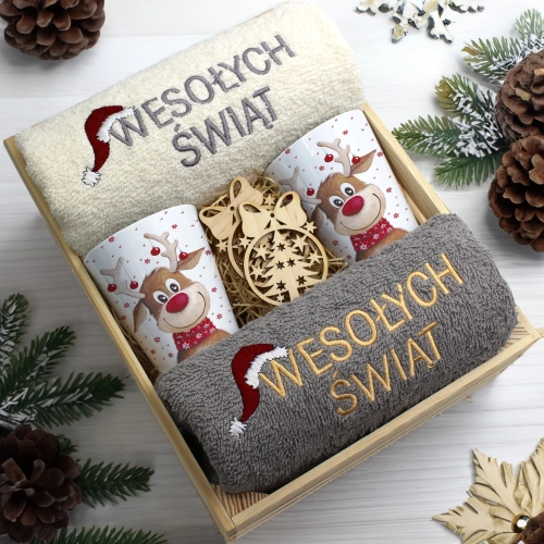 ZESTAW PREZENT ŚWIĄTECZNY KUBKI LATTE RĘCZNIKI W SKRZYNCE ŚWIĘTA MIKOŁAJ