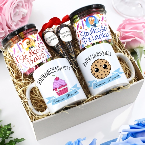 PREZENT ZESTAW NA DZIEŃ BABCI I DZIADKA KUBKI + SŁODYCZE BABCIA DZIADEK