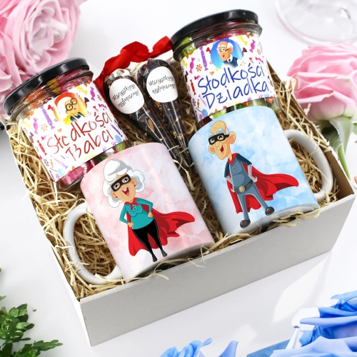 PREZENT ZESTAW NA DZIEŃ BABCI I DZIADKA KUBKI + SŁODYCZE BABCIA DZIADEK
